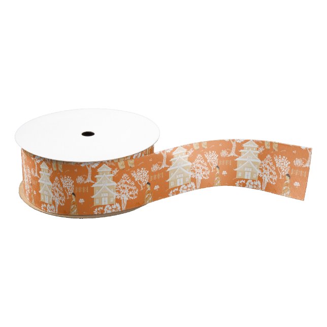 Orange Chinoiserie Pagodas Ripsband (Spule)