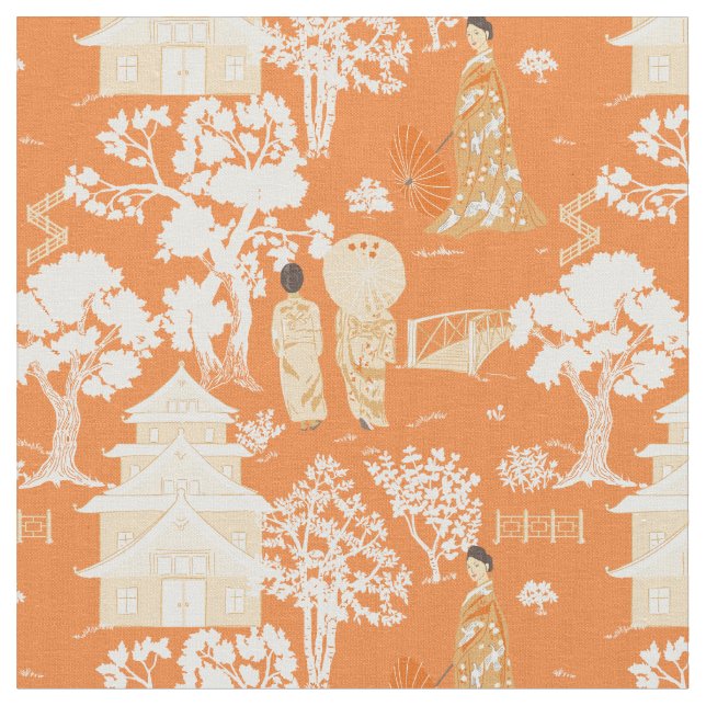 Orange Chinoiserie Pagodas Stoff (Nahaufnahme)