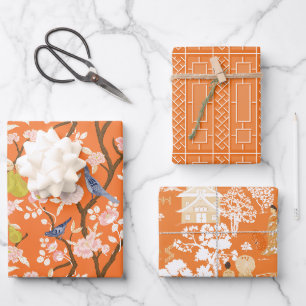 Orange Chinoiserie Vögel und Pagodas Geschenkpapier Set