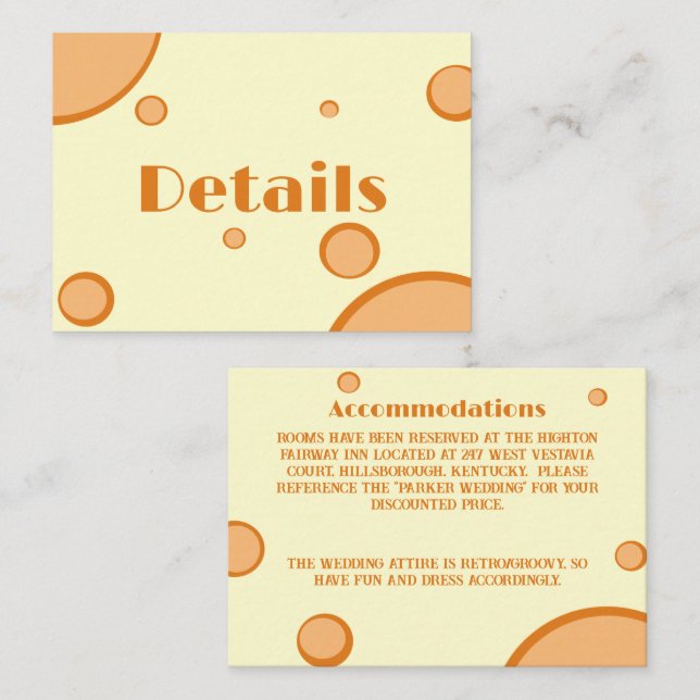 Orange Circles Groovy Retro Wedding Detail Begleitkarte (Vorne/Hinten)