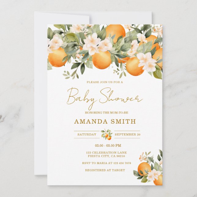 Orange Citrus Baby Shower Einladung (Vorderseite)