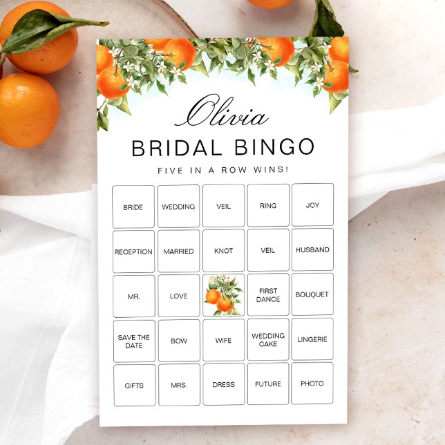 Orange Citrus Bingo Brautparty Game Card (Von Creator hochgeladen)