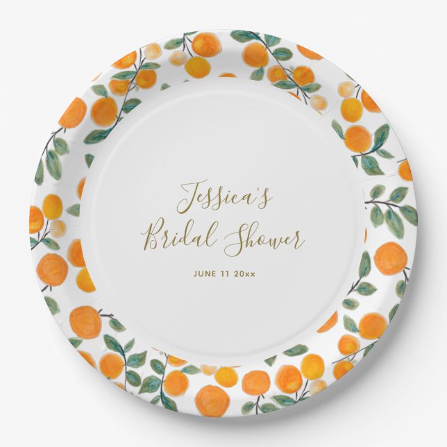 Orange Citrus Border Schriftzug Name Junggesellinn Pappteller (Vorderseite)