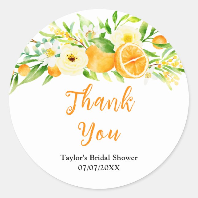 Orange Citrus Brautparty Vielen Dank Runder Aufkleber (Vorderseite)