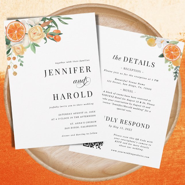 Orange Citrus Floral Minimal All in One Wedding Einladung (Von Creator hochgeladen)