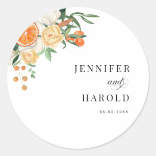 Orange Citrus Floral Minimal Namen Hochzeit Runder Aufkleber