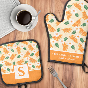 Orange Citrus Floral Niedlich Sommer Mit Monogramm Ofenhandschuh & Topflappen-Set