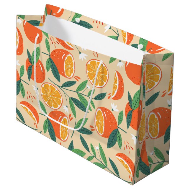 Orange Citrus Frucht Retro Muster Große Geschenktüte (Vorderseite Schrägansicht)