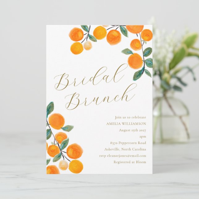 Orange Citrus Frucht Wasserfarbe Bridal Brunch Einladung (Stehend Vorderseite)