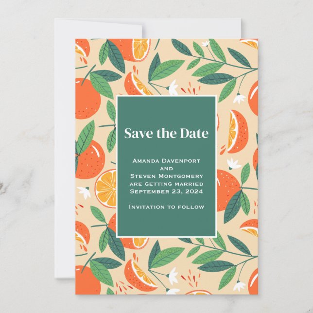 Orange Citrus Fruit Retro Muster Wedding Save The Date (Vorderseite)