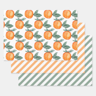 Orange Citrus Grün Aquarell Blätter Streifen