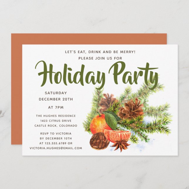Orange Citrus Holiday Party | Weihnachts-Party Einladung (Vorne/Hinten)