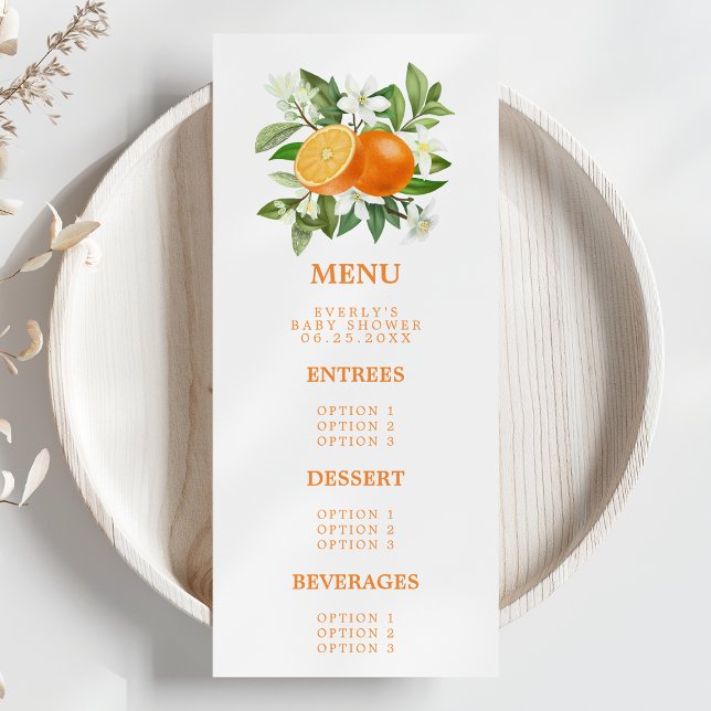 Orange Citrus Kleine Süsse auf dem Weg Babydusche Menükarte (Von Creator hochgeladen)