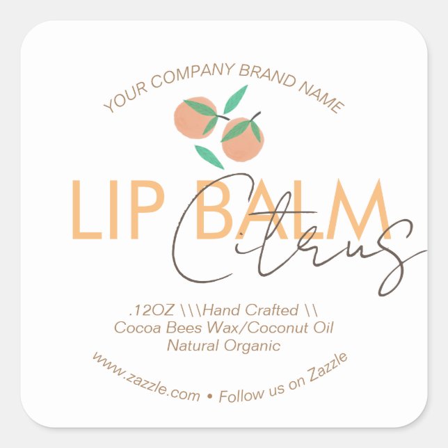 Orange Citrus Lip Balm Business Packaging Quadratischer Aufkleber (Vorderseite)