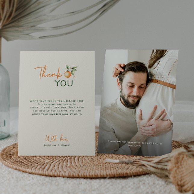 Orange Citrus Little Cutie Baby Shower Photo Dankeskarte (Von Creator hochgeladen)