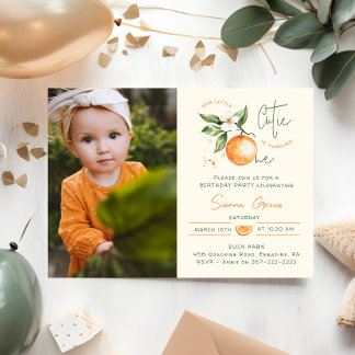 Orange Citrus Little Cutie Erstes Geburtstagsfoto  Einladung
