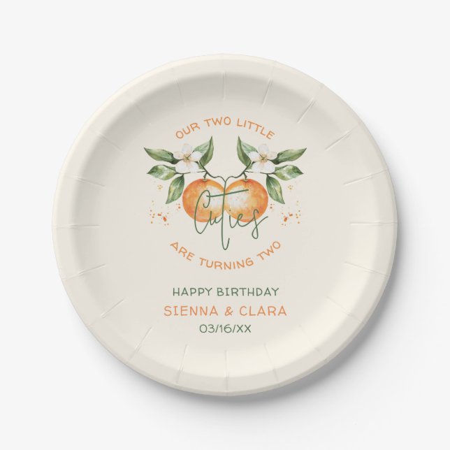Orange Citrus Little Cutie Twin Birthday Paper Pappteller (Vorderseite)