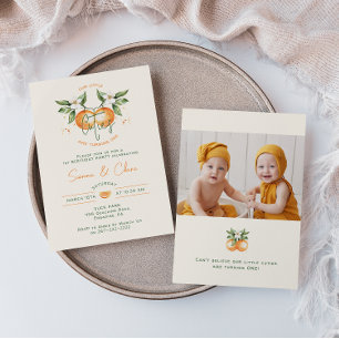 Orange Citrus Little Cuties Doppeltes Foto Geburts Einladung