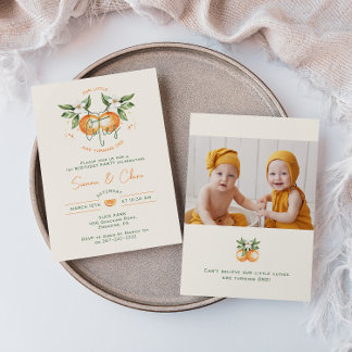 Orange Citrus Little Cuties Doppeltes Foto Geburts Einladung