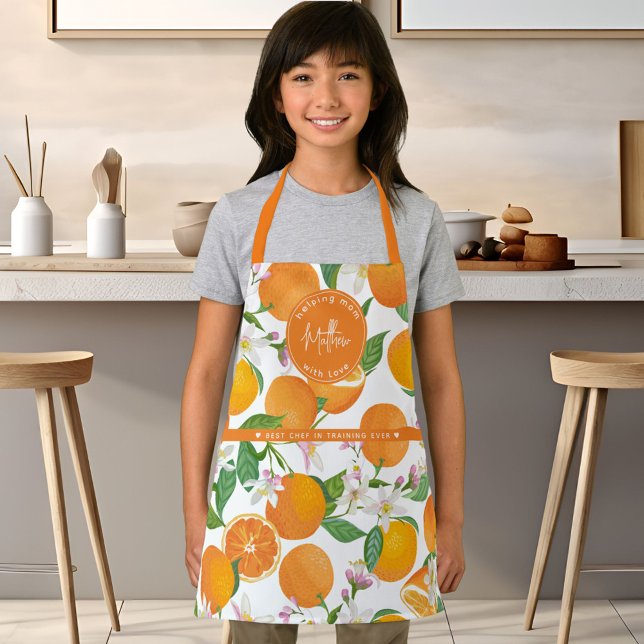 Orange Citrus Pattern Wasserfarbe Koch Kinder Name Schürze (Orange Citrus Pattern Watercolor Chef Kids Name Apron)