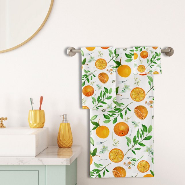 Orange Citrus Sommer Floral Botanisches Muster Badhandtuch Set (In situ)