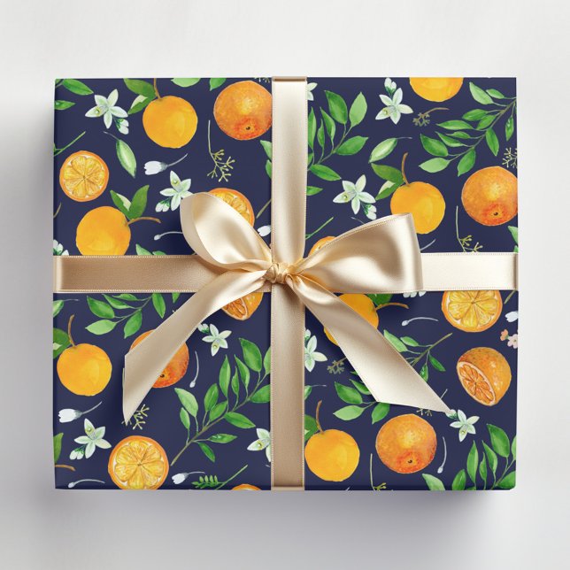 Orange Citrus Sommer Floral Botanisches Muster Geschenkpapier (In situ)