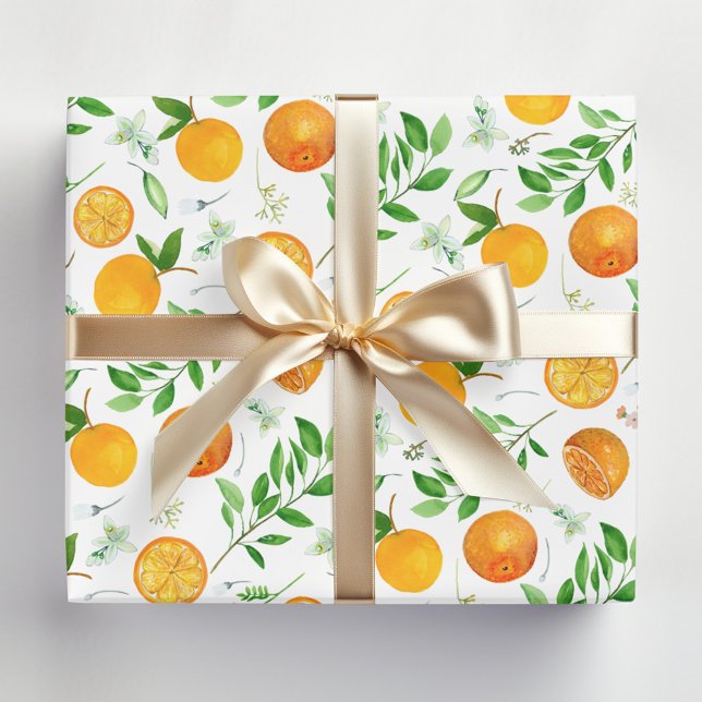 Orange Citrus Sommer Floral Botanisches Muster Geschenkpapier (In situ)