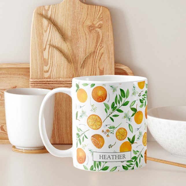 Orange Citrus Sommer Floral Botanisches Muster Kaffeetasse (In situ)