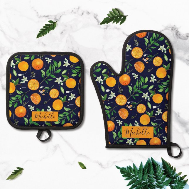 Orange Citrus Sommer Floral Botanisches Muster Ofenhandschuh & Topflappen-Set (Close up)