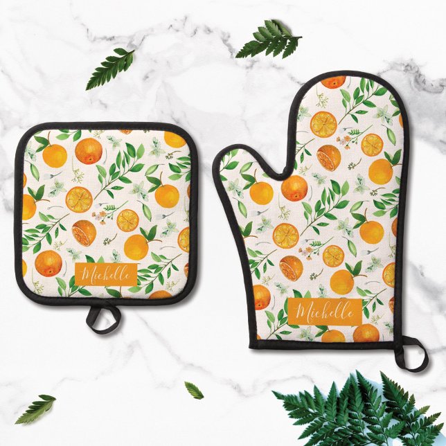 Orange Citrus Sommer Floral Botanisches Muster Ofenhandschuh & Topflappen-Set (Close up)