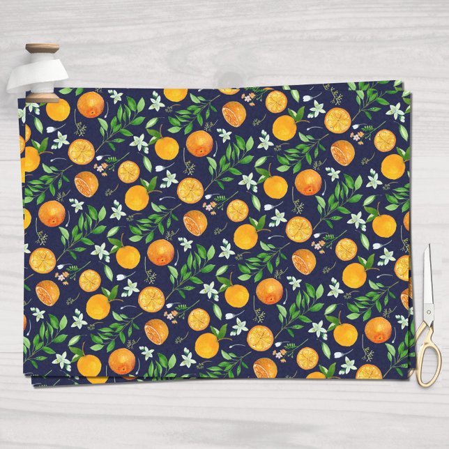 Orange Citrus Sommer Floral Botanisches Muster Seidenpapier (In situ)