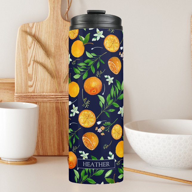 Orange Citrus Sommer Floral Botanisches Muster Thermosbecher (In situ)