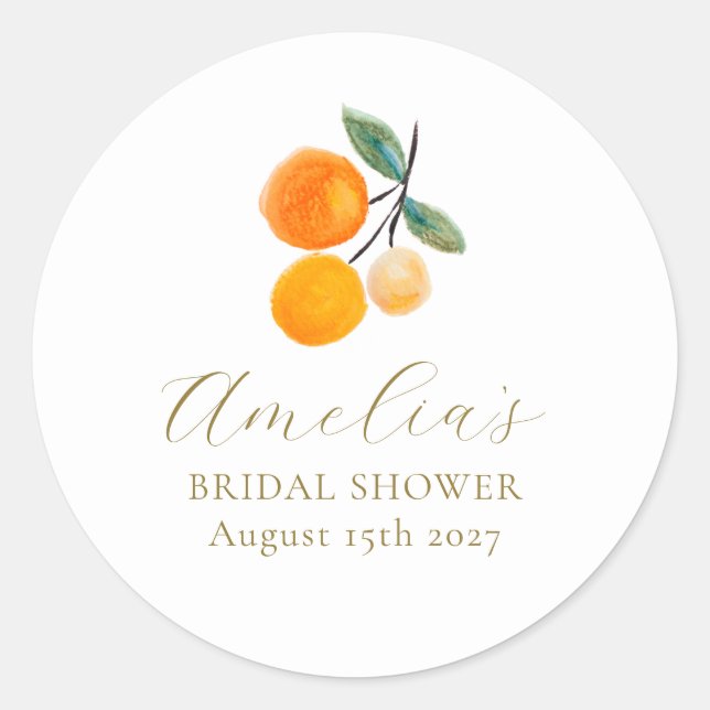 Orange Citrus Watercolor Bridal Brunch Custom Runder Aufkleber (Vorderseite)
