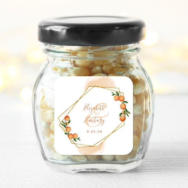 Orange Citrus Watercolor Goldene Hochzeit Quadratischer Aufkleber (Von Creator hochgeladen)