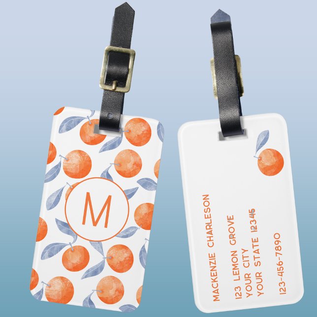 Orange Citrus Watercolor Monogram Mediterranean Gepäckanhänger (Mediterranean watercolor citrus orange fruit pattern monogram initial luggage tag)