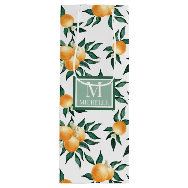 Orange Citrus Watercolor Monogram Name Geschenktüte Für Weinflaschen (Vorderseite)