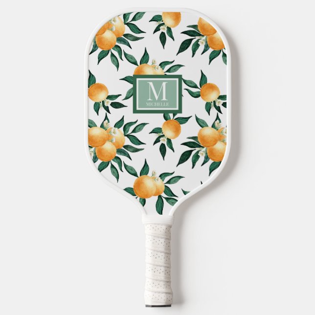 Orange Citrus Watercolor Monogram Pickleball Schläger (Vorderseite)