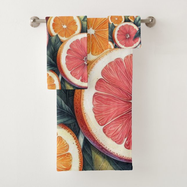 Orange Citrus Whimsical Watercolor Obstbäume & Blü Badhandtuch Set (Insitu)