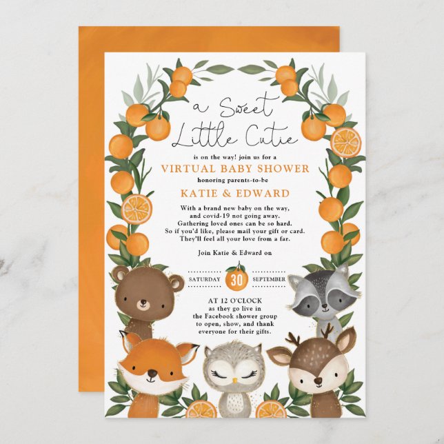 Orange Citrus Woodland Animals Virtual Baby Dusche Einladung (Vorne/Hinten)