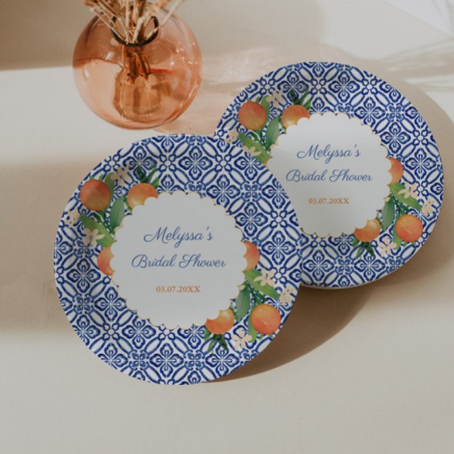 Orange Classic Blue White Positano Polterabend Pappteller (Classic oranges with blue white tile print for positano portofino bridal shower)