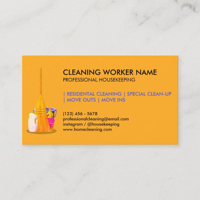 Orange Clearing Service Housekeeper Janitorial Visitenkarte (Vorderseite)