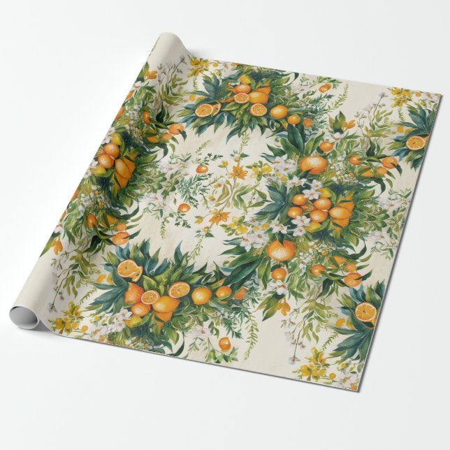 Orange Clementine-Kräne Blumenblätterung Geschenkpapier (Ungerollt)