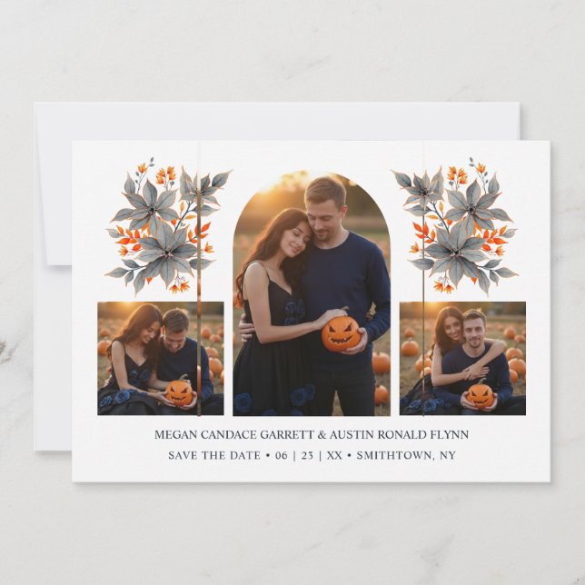 Orange Climbing Arch Grey Bouquets 3-Photo Collage Save The Date (Vorderseite)