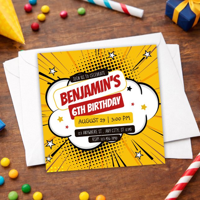 Orange Comic Superhero Pop Art Kids 6th Birthday Einladung (Orange Comic Superhero Pop Art Kids 6th Birthday Invitation, Boy Birthday Invite)