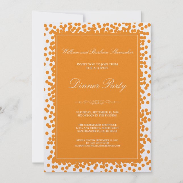 Orange Confetti-Abendessen-Party Einladung (Vorderseite)