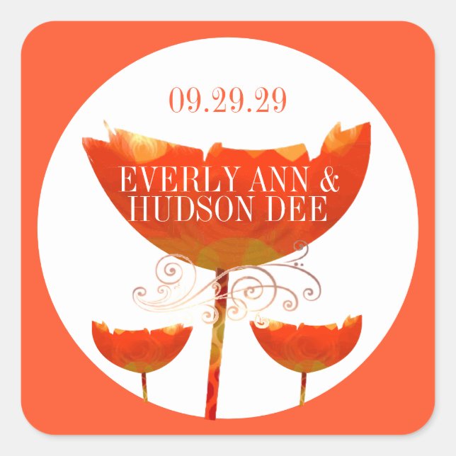 Orange Coral Boho Bumble Bee Poppy Quadratischer Aufkleber (Vorderseite)