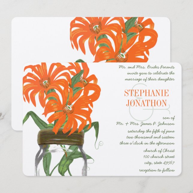 Orange Coral Mason Jar Rustic Barn Wedding Einladung (Vorne/Hinten)