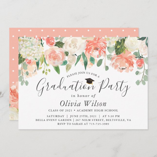 Orange Coral Peach Blume Graduation Party Einladung (Vorne/Hinten)