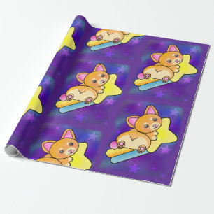 Orange Corgi mit hellen Rainbow Galaxy Stars Geschenkpapier