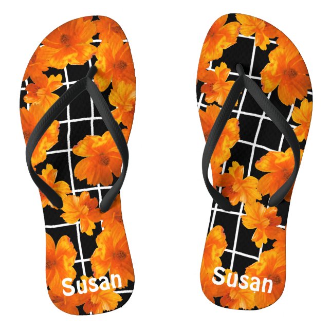 Orange Cosmos Blume Graphic Schwarz-weiß Flip Flops (Fußbett)